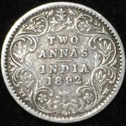 1892 India - British 2 Annas - Victoria British India Silver Rare Lowest Price Coin #V204