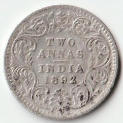 Rare Two Anna 1892 Victoria Empress of British India Small Silver Beautiful Extremely Fine Grade Coin