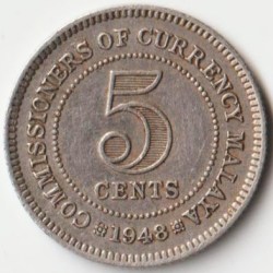 Malaya Five Cents 1948 Copper-Nickel Coins of George VI Collectible Coins of Malaysia