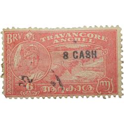 Postal Stamp of Travancore Anchel State 6 Cash Red Colour - Over Printed in Black '8 Cash' - Used Co