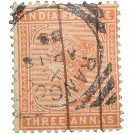 Postal Stamp of Victoria 3 Annas - Orange Colour - Rangoon Cancellation - Used Condition as per Imag
