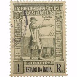 Postal Stamp of India Portugues - Grey 1 Ries with Vasco Da Gama - Used as per Image.