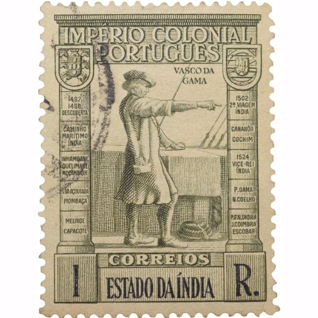 Postal Stamp of India Portugues - Grey 1 Ries with Vasco Da Gama - Used as per Image.