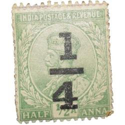 Postal Stamp of George V 1/2 Anna Green Colour - Over Printed in Black '1/4' - Mint Un-Used Conditio