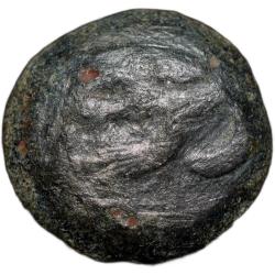 Alternative view of Cast Copper Coin of Bhadra/Mitra Dynasty (3rd - 2nd Cen. BC) with Chhatra above Elephant/Dharma Chak