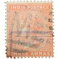 Postal Stamp of Victoria 3 Annas - Orange Colour - Used Condition as per Image.