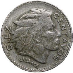 Old Copper-Nickel 10 Pesos of Colombia Country (AD 1956) with portrait of Indio Chief