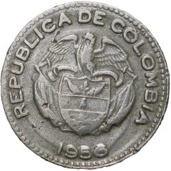 Alternative view of Old Copper-Nickel 10 Pesos of Colombia Country (AD 1956) with portrait of Indio Chief