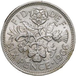Copper-Nickel 6 Pence of Elizabeth II of United Kingdom (AD 1966) with Flowers