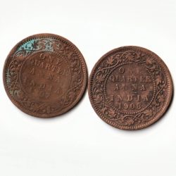 2 Coins Combo of 1/4 Quarter Anna 1907-1908 Edward VII Bronze Coin Of British India