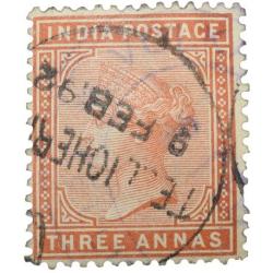 Postal Stamp of Victoria 3 Annas - Brown-Orange Colour - Used Condition as per Image.