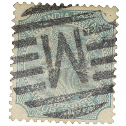 Postal Stamp of Victoria 4 Annas (AD 1866) Blue Colour - Used Condition as per Image.