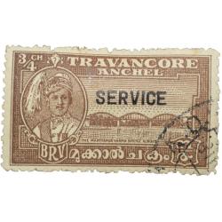 Postal Stamp of Travancore Anchel State 3/4 Chukram Brown Colour - Over Printed in Black 'Service' -
