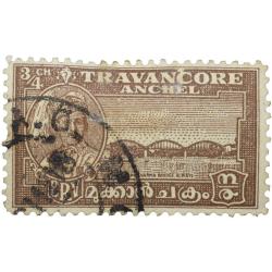 Postal Stamp of Travancore Anchel State 3/4 Chukram Brown Colour - Used Condition as per Image.