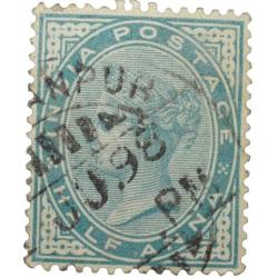 Postal Stamp of Victoria 1/2 Anna Green Colour - Kanpur Cancellation - Used Condition as per Image.