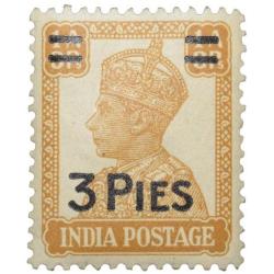 Postal Stamp of George VI 1 Anna 9 Pies Brown Colour Over Printed in Black 3 Pies - Mint Un-Used Con