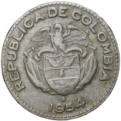 Alternative view of Old Copper-Nickel 10 Pesos of Colombia Country (AD 1954) with portrait of Indio Chief