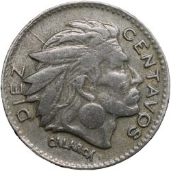Old Copper-Nickel 10 Pesos of Colombia Country (AD 1964) with portrait of Indio Chief