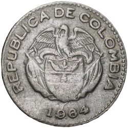 Alternative view of Old Copper-Nickel 10 Pesos of Colombia Country (AD 1964) with portrait of Indio Chief