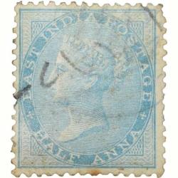 East India Postage Stamp of Victoria Queen (AD 1858) - Blue Colour 1/2 Anna - Gibbson Ty.37 - Used C
