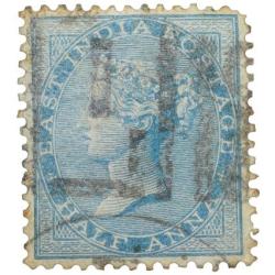 East India Postage Stamp of Victoria Queen (AD 1858) - Blue Colour 1/2 Anna - Gibbson Ty.37 - Used C