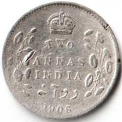 SCARE Two Anna 1906 of Edward Vii King Empress Silver Small British India Coin Beautiful Coin