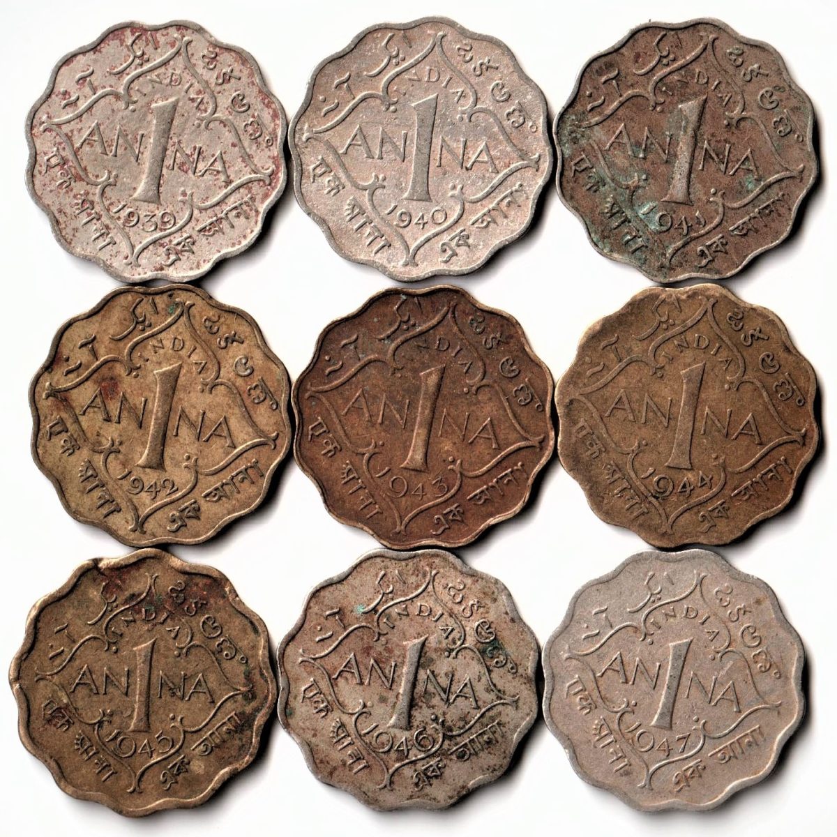 Rare 9 Coins Set of One Anna 1939 to 1947 Copper-Nickel Coin of Calcutta Mint King George VI British India Coinage