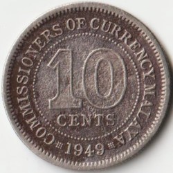 Malaya Ten Cents 1949 Copper-Nickel Coins of George VI Collectible Coins of Malaysia