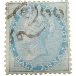 East India Postage Stamp of Victoria Queen (AD 1858) - Blue Colour 1/2 Anna - Gibbson Ty.37 - Used C