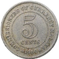 Alternative view of Nickel 5 Cent of George VI (AD 1950) from Malaya British Commonwealth
