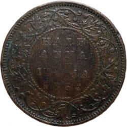 Alternative view of Copper 1/2 Anna of Victoria Queen (AD 1862) of Madras Mint Bust Type A Slanting Top 1 (PR # 577) Rar