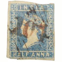 Postal Stamp of Victoria ( AD 1855) - 1/2 Anna Blue Used Condition as per Image, Extremely Rare.