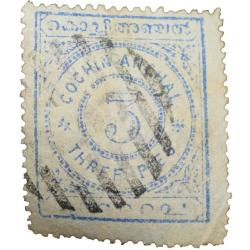 Postal Stamp of Cochin Anchal Blue 3 Pies - Used Condition as per Image, Rare.