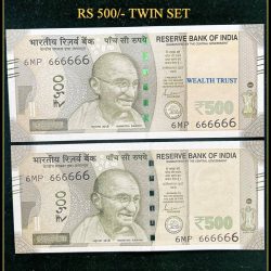 Rs 500 Twin Pair Gem Unc Very Unique Banknote Set SUPER Solid Number 6MP 666666