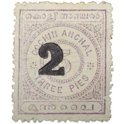 Postal Stamp of Cochin Anchal Purple Colour 3 Pies - Over Printed in Black '2' Mint Un-Used Conditio