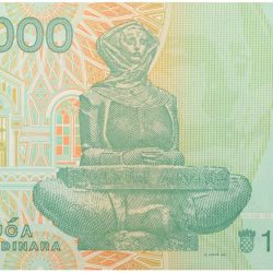 Alternative view of 100000 Dinar of Croatia Country (AD 1991-1994) with Sculpture "Provijest Hrvata"(1932), also known as Glagolica or Mother Croatia