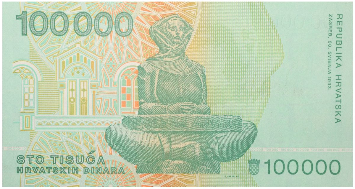 100000 Dinar of Croatia Country (AD 1991-1994) with Sculpture "Provijest Hrvata"(1932), also known as Glagolica or Mother Croatia - Image 2