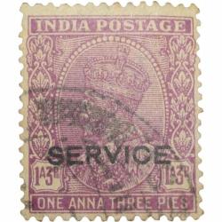 Postal Stamp of George V 1 Anna 3 Pies Mauve Colour - Over Printed in Black 'Service' - Used Conditi