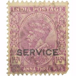 Postal Stamp of George V 1 Anna 3 Pies Mauve Colour - Over Printed in Black 'Service' - Used Conditi