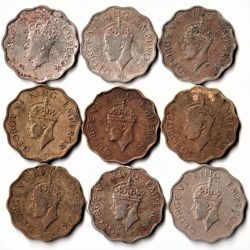 Alternative view of Rare 9 Coins Set of One Anna 1939 to 1947 Copper-Nickel Coin of Calcutta Mint King George VI British India Coinage