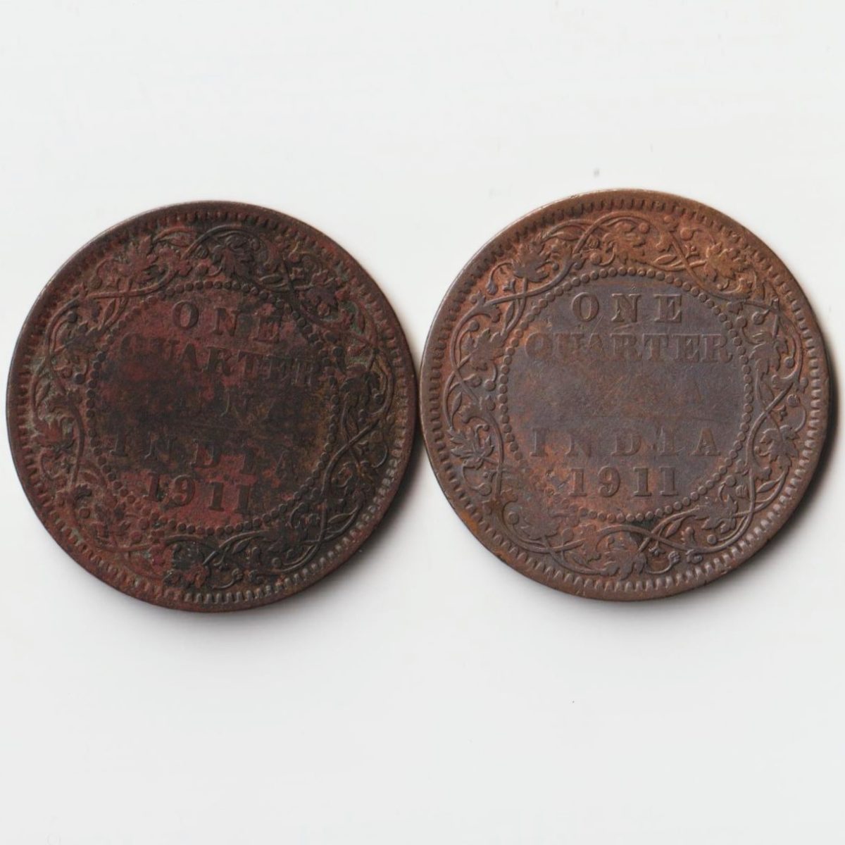 Rare Combo Set of One Quarter Anna Same Year 1911 Copper Coins of King George V British India Coinage