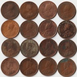 16 Coins Set of One Quarter Anna 1912 to 1936 Bronze Coin of King George V British India Coinage
