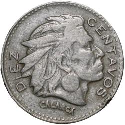 Old Copper-Nickel 10 Pesos of Colombia Country (AD 1959) with portrait of Indio Chief