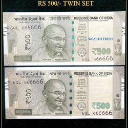 Rs 500 Twin Pair Gem Unc Very Unique Banknote Set SUPER Solid Number 6QL 666666