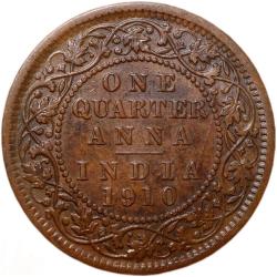 Bronze 1/4 Anna of Edward VII (AD 1910) of Calcutta Mint with Die-Clash/Ghost Image Error