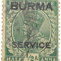 Postal Stamp of George V 1/2 Anna Green Colour - Over Printed in Black 'Burma Service' Used Conditio