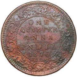 Alternative view of Rare Copper 1/4 Anna of Victoria Queen (AD 1876) of Calcutta Mint Reverse Type 1