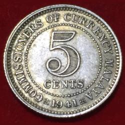 1941 Malaya 5 Cents - George VI Silver Rare Coin #N259