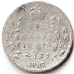 Scare Two Anna 1907 of Edward Vii King Empress Silver Small British India Coin Beautiful Coin
