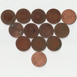 13 Coins Set of One Quarter Anna 1912 to 1942 Bronze Coin of King George V and George VI British India Coinage